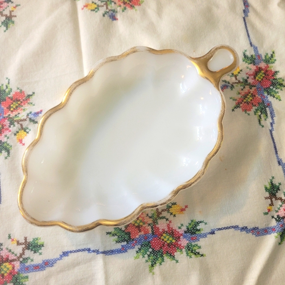 4/$26 Fire King Milk Glass Leaf Shape Dish with Gold Trim